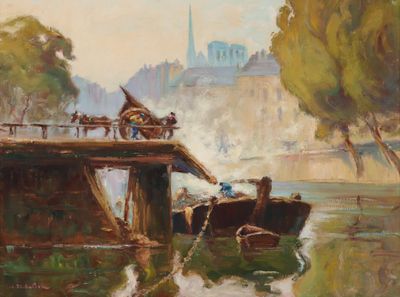 une peinture d'un bateau sur l'eau près d'un pont