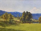 un tableau représentant des vaches paissant dans un champ au bord de l'eau