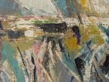 an oil painting of a man riding a bike down a street
