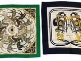 pair of silk scarves depicting horses and lions
