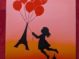 une image représentant un tableau où l'on voit une jeune fille volant avec des ballons