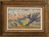 an oil painting of mountains in a wooden frame on a wall