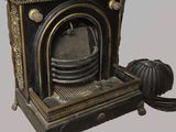 a black and gold fireplace with a clock on top of it