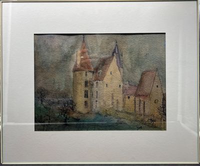 une image représentant un tableau représentant un château, dans un cadre blanc