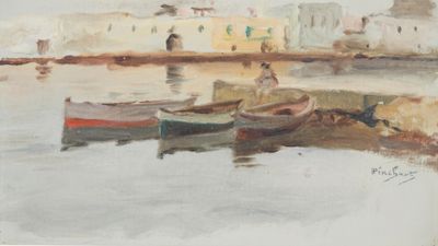une image représentant un tableau où l'on voit des bateaux sur un plan d'eau, avec des bâtiments en arrière-plan