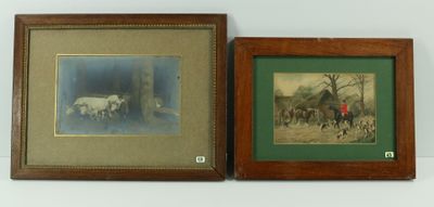 two framed pictures of horses and a man on horseback in a wooded area