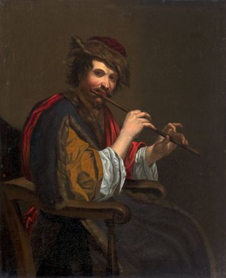 tableau représentant un homme barbu jouant de la flûte, assis sur une chaise