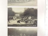 several black and white photos of people and horses in a field