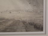 drawing of a man walking a dog down a dirt road in the rain