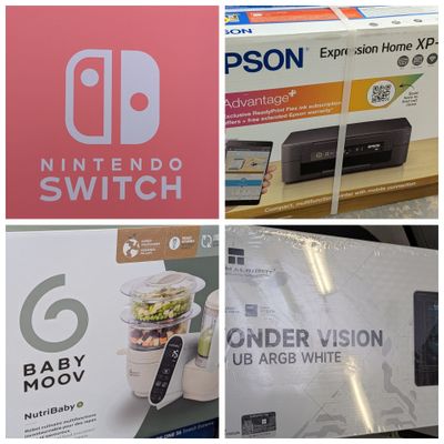 quatre photos différentes de boîtes de Nintendo Switch et d'une manette Nintendo Wii