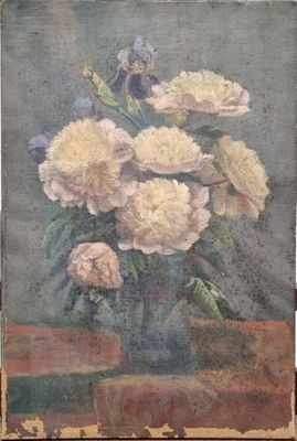 painting of flowers in a glass vase on a table