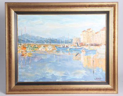 framed oil painting of boats in a harbor with buildings in the background