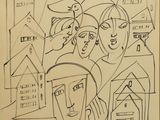 dessin d'un groupe de personnes devant un bâtiment