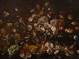 a painting of flowers in a vase on a table