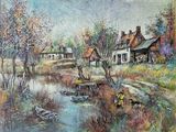 un tableau représentant un village au bord de l'eau avec des bateaux