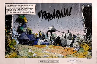 bande dessinée représentant un homme au volant d'une voiture sous la pluie, sur un chemin de terre