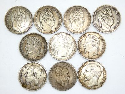 six different types of silver coins are arranged on a white surface