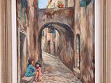 an oil painting of two children sitting on a cobblestone street