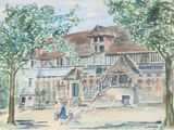 a watercolor painting of a woman walking in front of a house