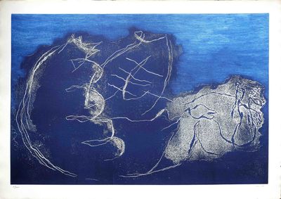dessin représentant un homme et une femme dans un cercle, sur fond bleu