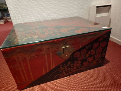 une grande caisse en bois avec un couvercle en verre, posée par terre