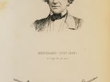 an old book with a drawing of a man in a bow tie and two crossed swords