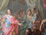 a painting of a woman standing in front of a group of people