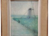 painting of a windmill in a field in a wooden frame