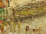 a painting of a street scene with people walking down the street