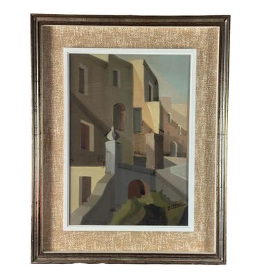 une image représentant une peinture d'une scène de rue avec des bâtiments en arrière-plan