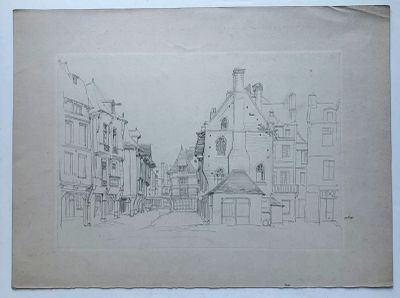 dessin au crayon représentant une scène de rue avec des bâtiments et une tour horloge