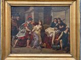 un vieux tableau représentant une femme emmenée à l'hôpital