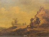 an old painting of people on a horse drawn carriage in front of a house