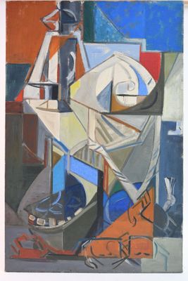 une image représentant un tableau sur lequel figurent un bateau et un vase posés sur une table