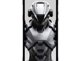 an image of a black and white photo of a robot on a phone