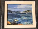 a painting of a boat on the water in a black frame