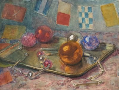 un tableau représentant un plateau sur lequel sont disposés des fruits et des cuillères