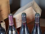 several bottles of wine are lined up on a table