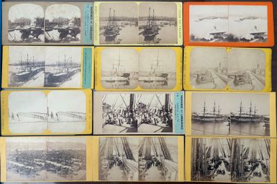 une vieille photo représentant plusieurs images de bateaux sur l'eau