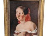 painting of a woman in a red dress with a red scarf