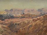 a painting of a landscape with a mountain in the background