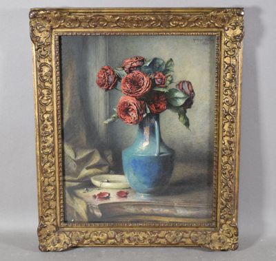 a painting of roses in a blue vase on a table