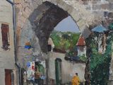 a painting of a man riding a bike down the street