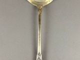 silver spoon with a spoon handle on a gray surface