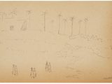 un dessin représentant un groupe de personnes debout devant des arbres