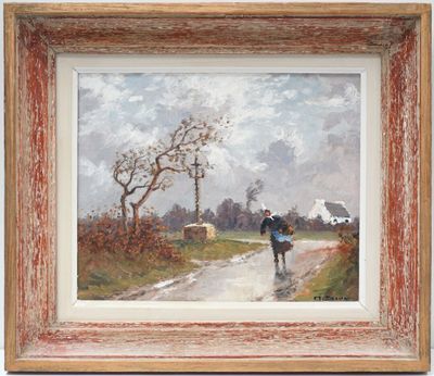 an image of a painting of a man walking down a road