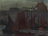 an image of a painting of boats in a harbor with buildings in the background