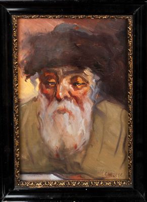an oil painting of an old man with a hat and a beard