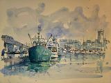a watercolor painting of a boat in a harbor