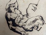 a black and white drawing of a man laying on his stomach